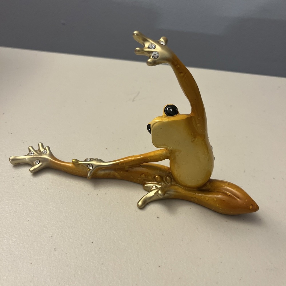 Whimsical‎ Orange Bejewled Frog Doing Yoga- 8"x 5" Sculpture